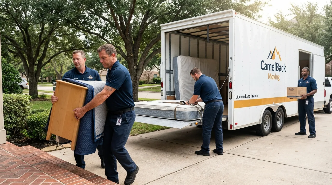 Crew loading residential truck for cross-state move from Pecos, TX