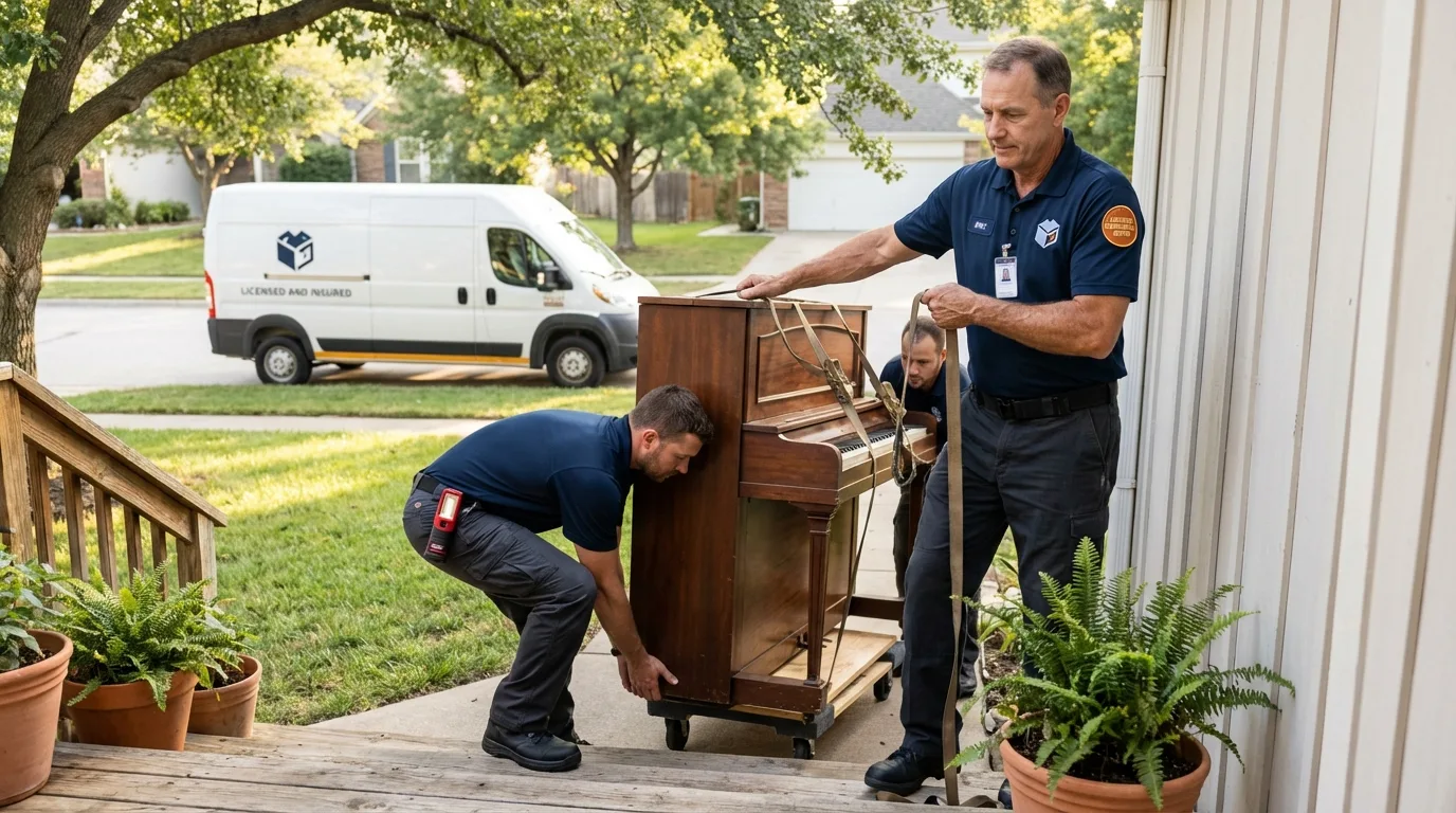 Licensed piano movers securing grand piano in Pecos, TX