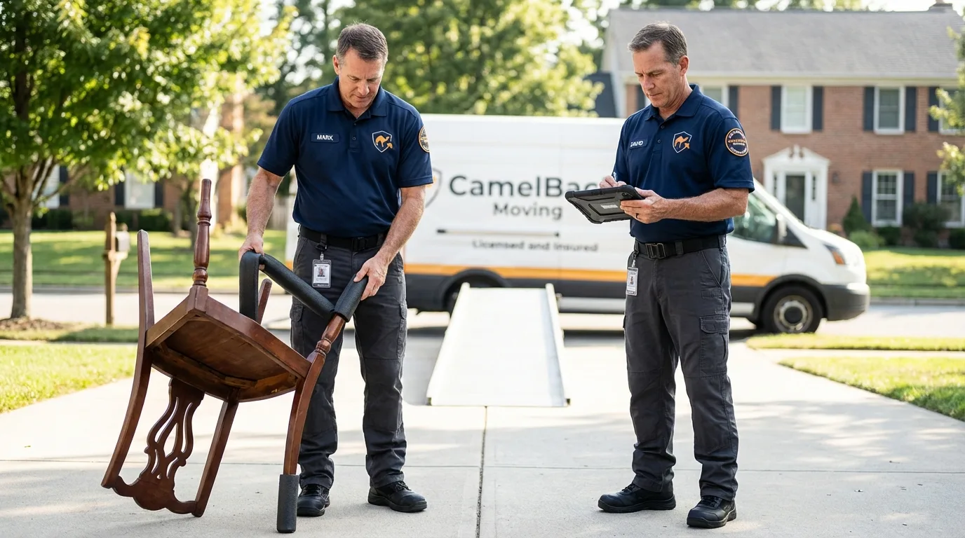 Movers inspecting furniture for damage prevention before loading in Pecos, TX