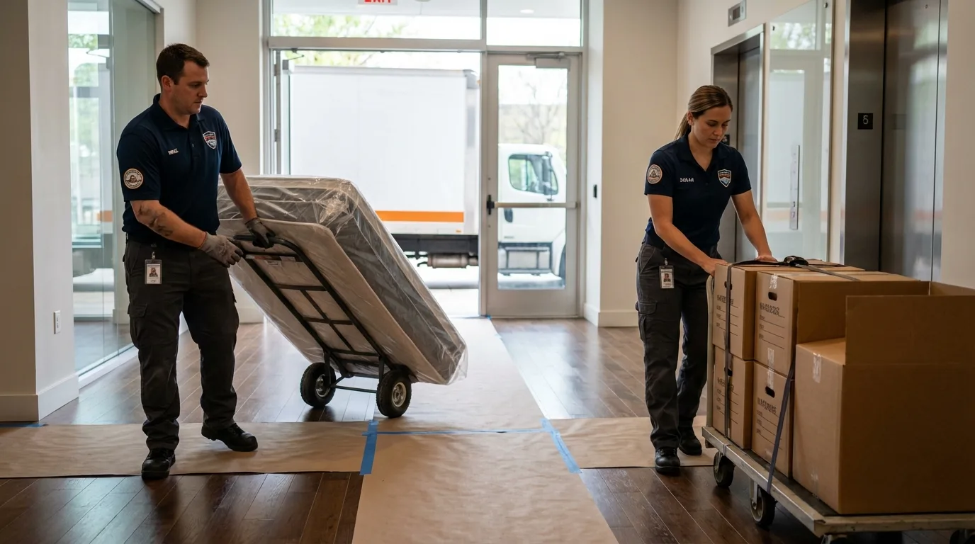 Professional apartment movers loading elevator in Pecos, TX